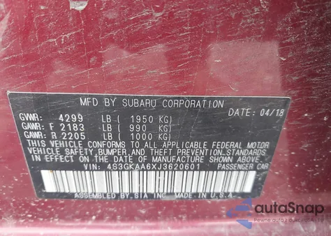 2018 Subaru Impreza 2.0I z USA, uszkodzony, nr VIN 4S3GKAA6XJ3620601